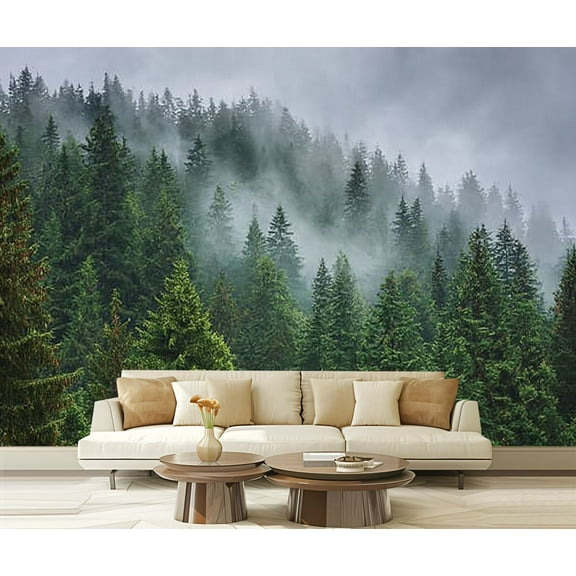 Peel and Stick Wallpaper Waterproof fog rain clouds pine forest Wall Mural Decor Self Adhesive and Removable 69in x 98in