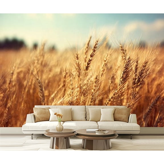 Peel and Stick Wallpaper Waterproof golden wheat field sunny day blue golden Wall Mural Decor Self Adhesive and Removable 69in x 98in