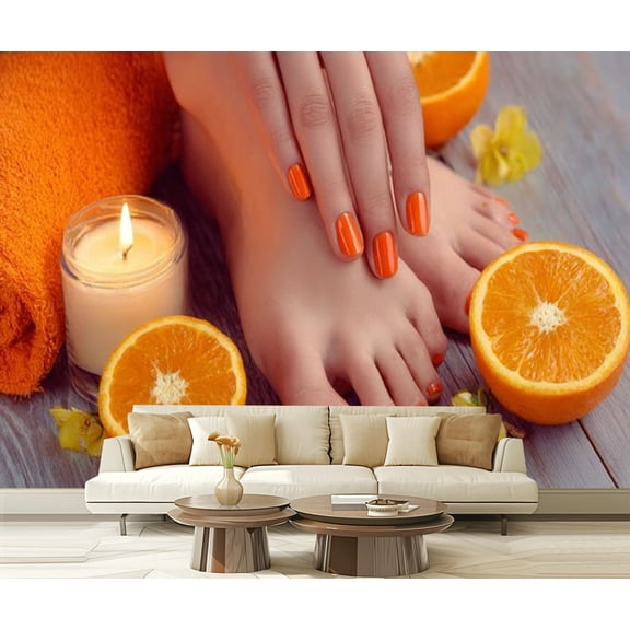 Peel and Stick Wallpaper Waterproof orange manicure around oranges candles manicure Wall Mural Decor Self Adhesive and Removable 69in x 98in