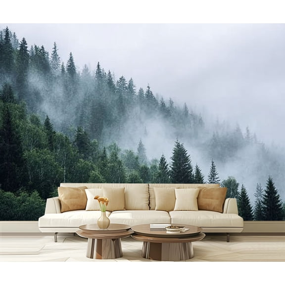 Peel and Stick Wallpaper Waterproof pine trees mountain mist Wall Mural Decor Self Adhesive and Removable 69in x 98in