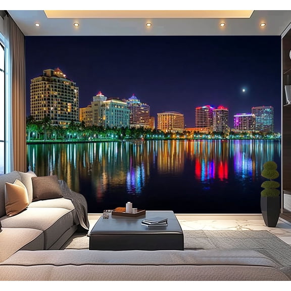 Peel and Stick Wallpaper Waterproof skyline night West Palm Beach Florida Wall Mural Decor Self Adhesive and Removable 100in x 144in