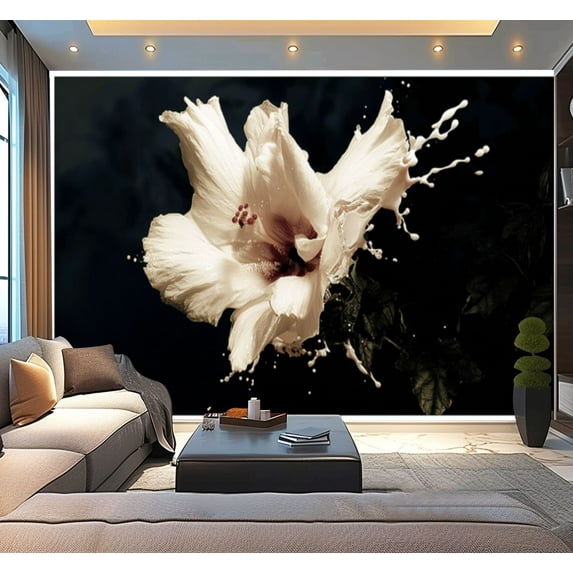 Peel and Stick Wallpaper White Hibiscus Flower Splashes Milk Dark Modern Art Wall Mural Decor Self Adhesive and Removable 100in x 144in