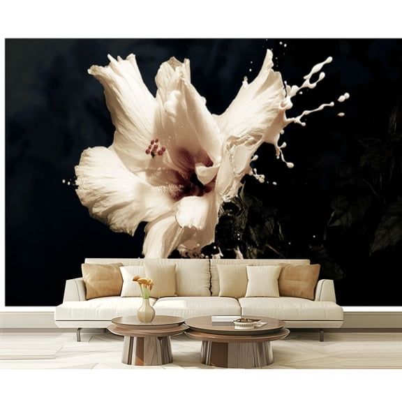 Peel and Stick Wallpaper White Hibiscus Flower Splashes Milk Dark Modern Art Wall Mural Decor Self Adhesive and Removable 69in x 98in