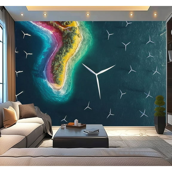 Peel and Stick Wallpaper Wind turbines sea Modern Art Wall Mural Decor Self Adhesive and Removable 100in x 144in