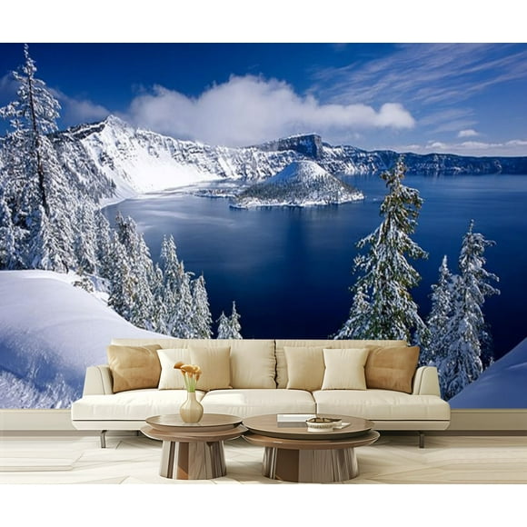 Peel and Stick Wallpaper Winter Crater Lake National Park Oregon Modern Art Wall Mural Decor Self Adhesive and Removable 69in x 98in