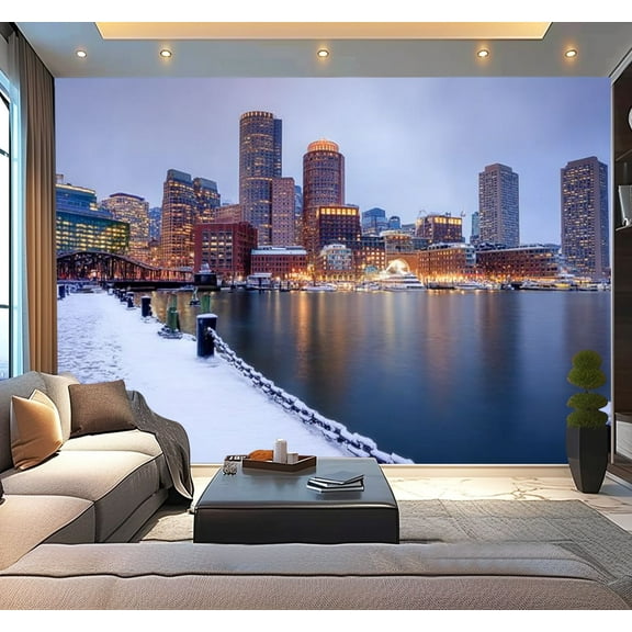 Peel and Stick Wallpaper Winter along Boston Waterfront Modern Art Wall Mural Decor Self Adhesive and Removable 100in x 144in