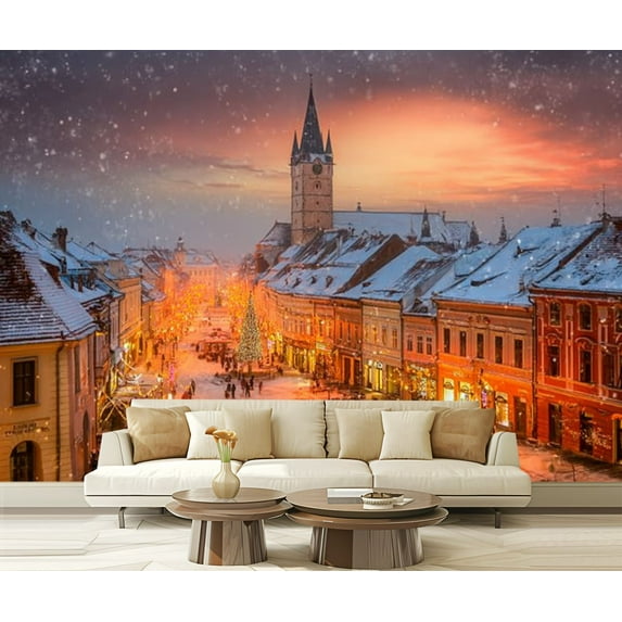 Peel and Stick Wallpaper Winter atmosphere Sibiu Romania Modern Art Wall Mural Decor Self Adhesive and Removable 69in x 98in