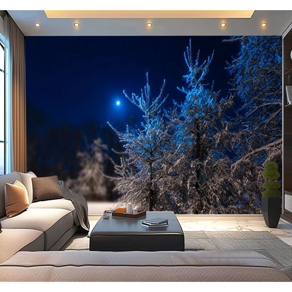 Peel and Stick Wallpaper Winter beautiful landscape moon shines blue sky Night Modern Art Wall Mural Decor Self Adhesive and Removable 100in x 144in