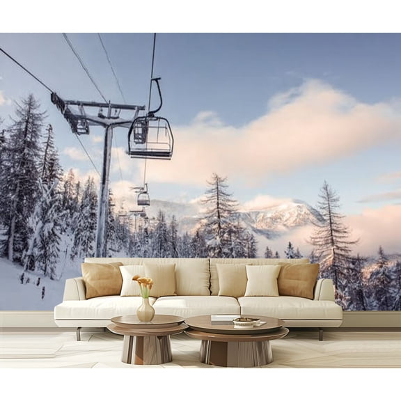 Peel and Stick Wallpaper Winter mountains panorama ski slopes ski lifts Modern Art Wall Mural Decor Self Adhesive and Removable 69in x 98in