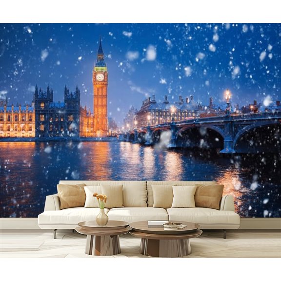 Peel and Stick Wallpaper Winter night view London Westminster Big Ben London Modern Art Wall Mural Decor Self Adhesive and Removable 69in x 98in