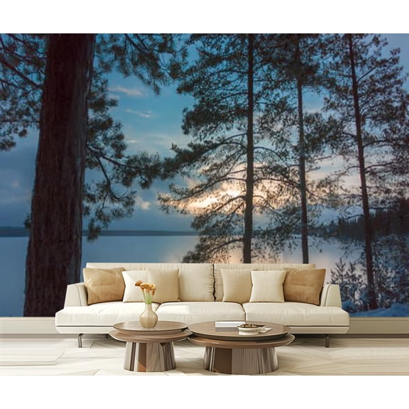 Peel and Stick Wallpaper Winter sunset pine trees lake Modern Art Wall Mural Decor Self Adhesive and Removable 69in x 98in