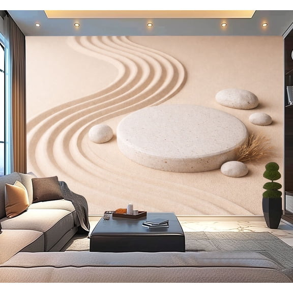 Peel and Stick Wallpaper Waterproof Zen Sand Garden Curved Lines Smooth Stones Wall Mural Decor Self Adhesive and Removable 100in x 144in