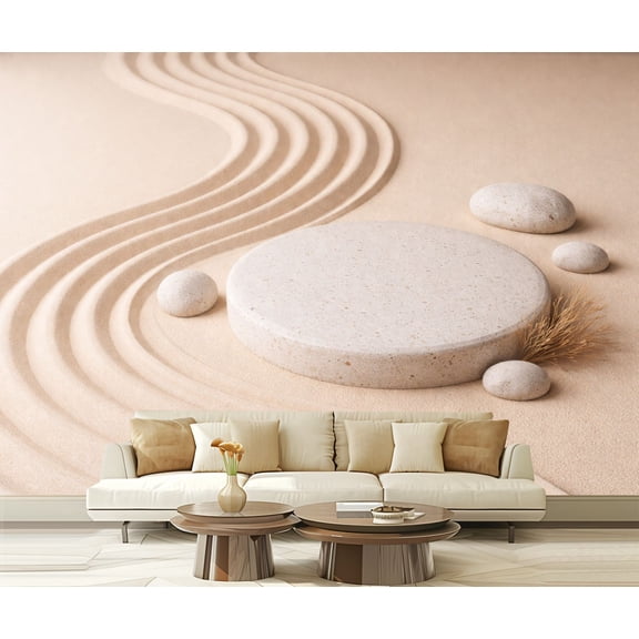 Peel and Stick Wallpaper Zen Sand Garden Curved Lines Smooth Stones Modern Art Wall Mural Decor Self Adhesive and Removable 69in x 98in