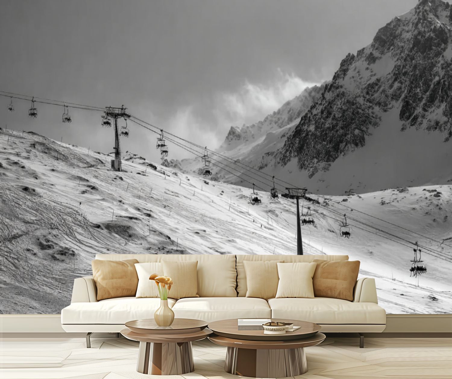 Peel and Stick Wallpaper black white view ski slope chair lift sun ...