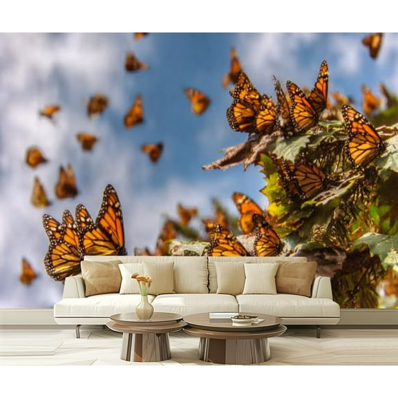 Peel and Stick Wallpaper butterflies tree branch blue sky michoacan Modern Art Wall Mural Decor Self Adhesive and Removable 69in x 98in