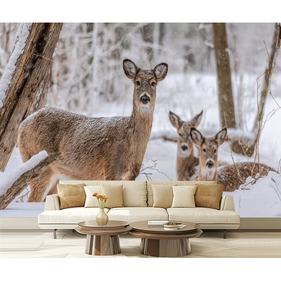 Peel and Stick Wallpaper group whitetail deer winter snow Modern Art Wall Mural Decor Self Adhesive and Removable 69in x 98in
