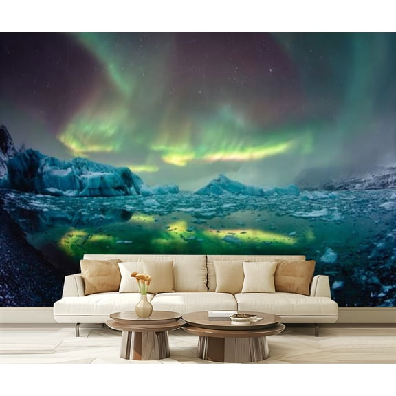 Peel and Stick Wallpaper northern lights Jokulsarlon glacial river lagoon Modern Art Wall Mural Decor Self Adhesive and Removable 69in x 98in
