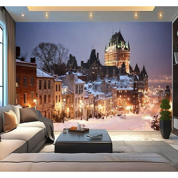 Peel and Stick Wallpaper old quebec city winter night snow castles Modern Art Wall Mural Decor Self Adhesive and Removable 100in x 144in