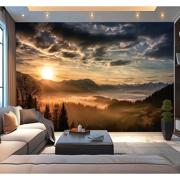 Peel and Stick Wallpaper spectacular sunset landscape European alps winter Modern Art Wall Mural Decor Self Adhesive and Removable 100in x 144in