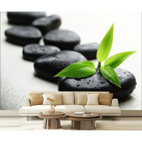 Peel and Stick Wallpaper stones green bamboo white Modern Art Wall Mural Decor Self Adhesive and Removable 69in x 98in