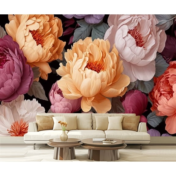 Peel and Stick Wallpaper vintage colorful peonies oil painting Dutch still life Modern Art Wall Mural Decor Self Adhesive and Removable 69in x 98in