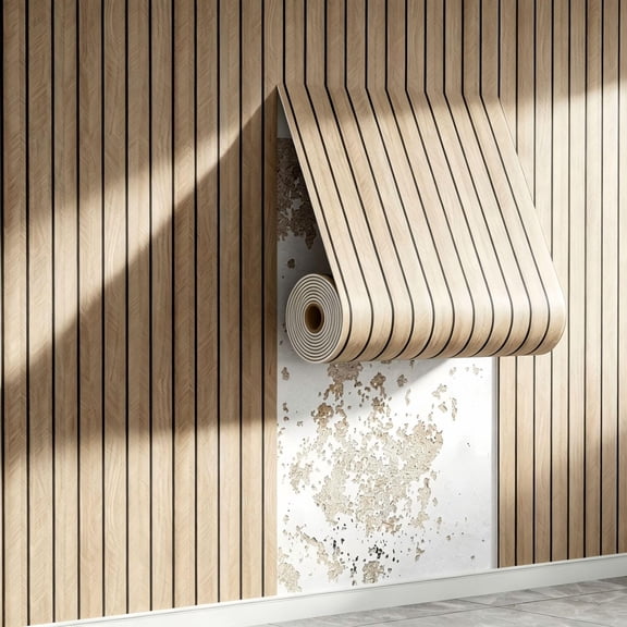 Peel and Stick Wood Slat Wall Panels 3D PVC Faux Black Wood Grain Wallpaper, 15.7in wide x 3m long, for Walls & Ceilings