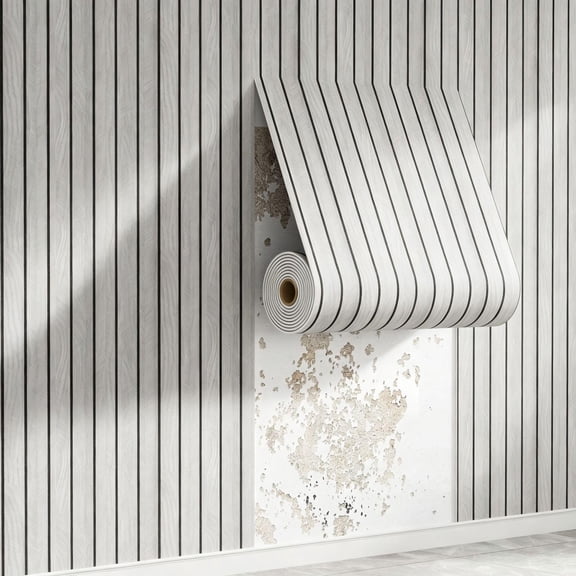 Peel and Stick Wood Slat Wall Panels 3D PVC Faux Black Wood Grain Wallpaper, 15.7in wide x 3m long, for Walls & Ceilings