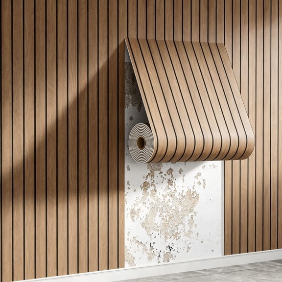 Peel and Stick Wood Slat Wall Panels 3D PVC Faux Black Wood Grain Wallpaper, 15.7in wide x 3m long, for Walls & Ceilings
