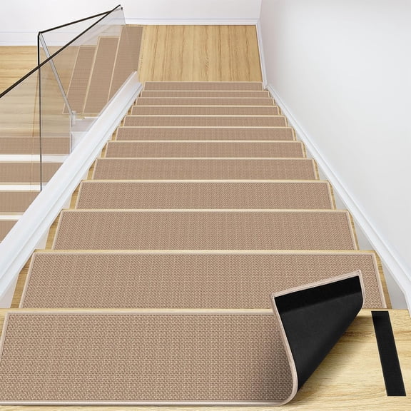 Peel and Sticker Stair Treads Non Slip for Wooden Steps Indoor, 15 Pack Rubber Backed Stair Pads Rug, Removable Staircase Mats Step Cover, Khaki