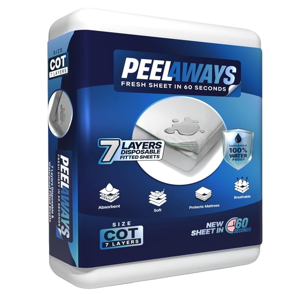 Peelaways Disposable Waterproof Fitted Sheets 7 Layers Peel-Away Bed Sheets for Incontinence, Bedwetting | Quick 60-Second Layer Changes | Soft, Breathable, Leak-Proof | Cot Size (75" x 30" x 6")