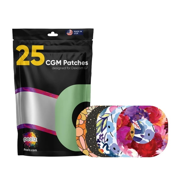 Peelz Dexcom G7 Adhesive Patches 25 Pack - US-Made Waterproof CGM Sensor Patches for 15+ Days - Sensitive Skin Diabetic Patches for Glucose Monitor (Floral Pack)