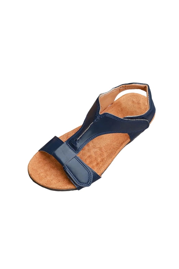 Peep-Toe Flat Sandals For Women With Cork Footbed T-Strap Design Breathable Casual Shoes For Spring And Summer In Dark Blue Color Size Us 6 For Foot Length 9.25 Inches Made Of Pu Material