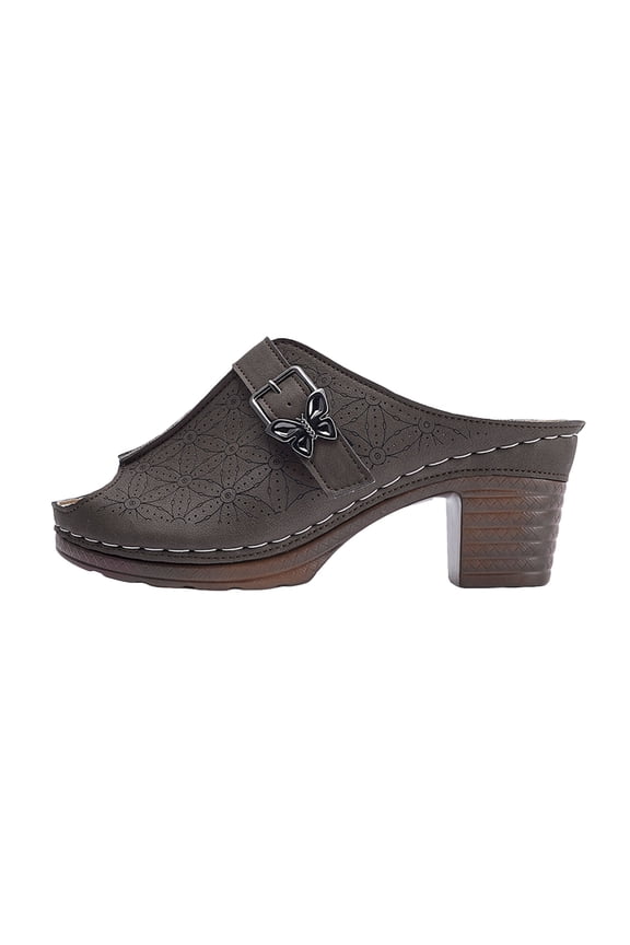 Peep Toe Heeled Mules for Women Lightweight Block Heel Clogs Slip On Butterfly Buckle Slide Platform Sandals Brown Size 9