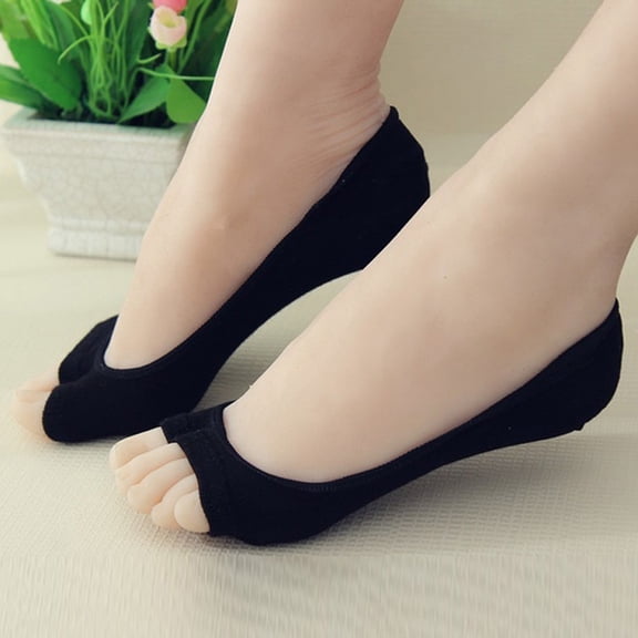 Peep Toe No Show Socks for Women, Open Toe Invisible Liner Socks with Non-Slip Silicone Grip, Two Finger Toeless Boat Socks, Black, One Size