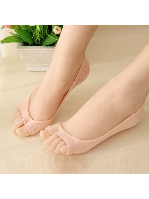 Peep Toe No Show Socks for Women, Open Toe Invisible Liner Socks with Non-Slip Silicone Grip, Two Finger Toeless Boat Socks, Complexion, One Size