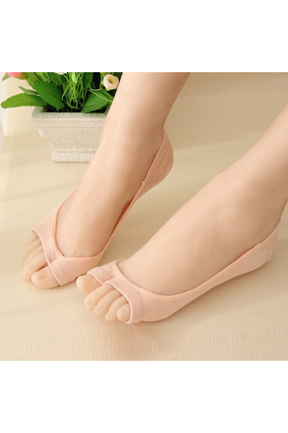 Peep Toe No Show Socks for Women, Open Toe Invisible Liner Socks with Non-Slip Silicone Grip, Two Finger Toeless Boat Socks, Complexion, One Size
