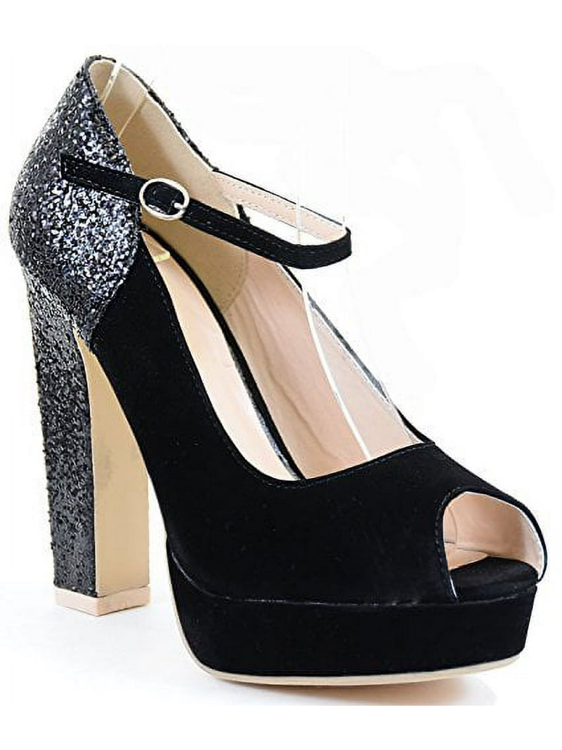 Peep-toe Glitter Mary Jane Women Chunky Heel Hidden Platform Pumps
