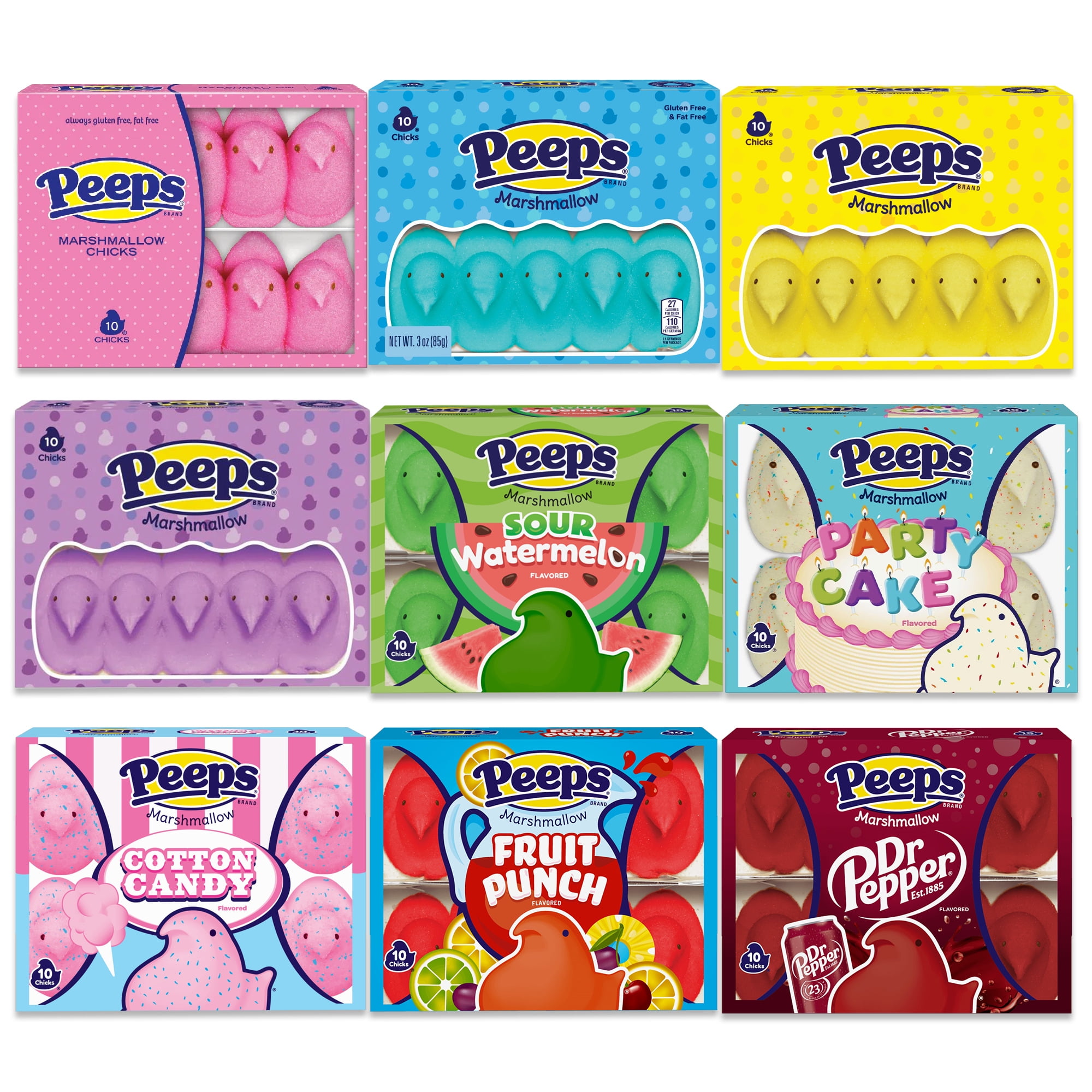 Peeps 10 Chicks Easter Peeps Marshmallow Candy Variety Pack of 9 (90 Peeps Total).