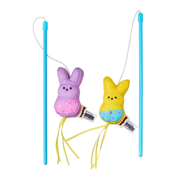 PEEPS Easter Set of 2 Bunny Cat Wand with Plush Cat Toy, Purple/ Yellow