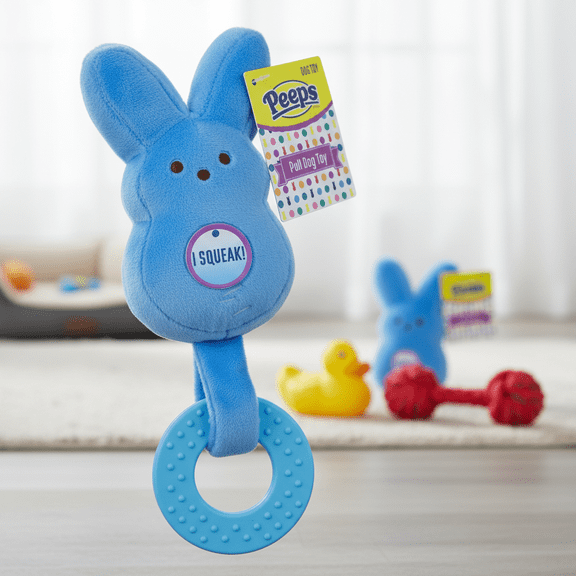 Peeps Blue Bunny Plush Squeaker Pull Ring Dog Toy Just Born Pet Play Toy