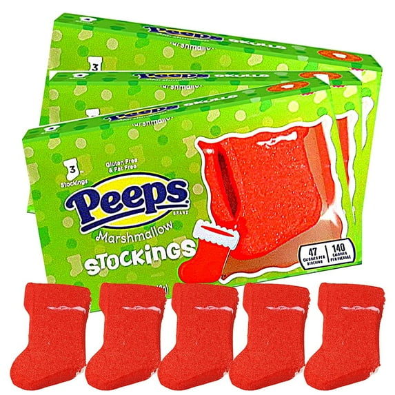 Peeps Marshmallow Candy Christmas Stockings, Red Sugar Coated Character Shaped Marshmallows, Holiday Stocking Stuffers for Kids, Pack of 3