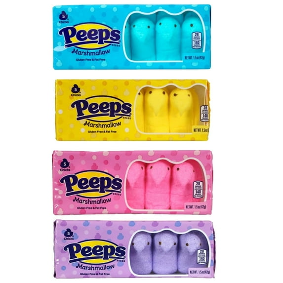 Peeps Marshmallow Candy, Easter Basket Candy, 5 Count Chicks, Pack of 4, 1 of Each Color, 1.5 Ounces per Pack