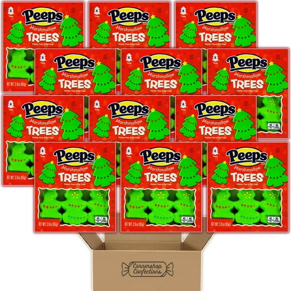 Peeps Marshmallow Christmas Bundle Pack - Trees - 12 Individually Sealed Trays, Each With 6 Marshmallows - Gluten Free and Fat Free - For Snacks, Lunches, Movies in Cornershop Confections Pack