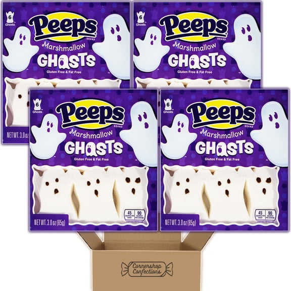 Peeps Marshmallow Halloween Bundle Pack - Ghosts - 4 Individually Sealed Trays, Each With 6 Marshmallows - Gluten Free and Fat Free - For Snacks, Lunches, Movies in Cornershop Confections Pack