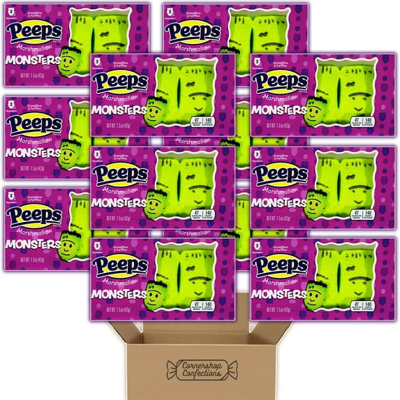 Peeps Marshmallow Halloween Bundle Pack - Monsters - 12 Individually Sealed Trays, Each With 3 Marshmallows - Gluten Free and Fat Free - For Snacks, Lunches, Movies in Cornershop Confections Pack