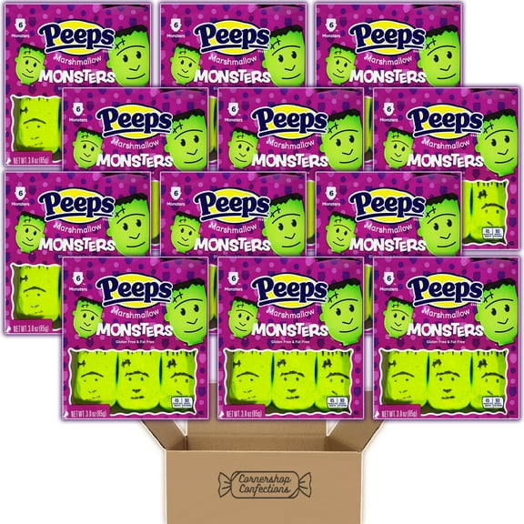 Peeps Marshmallow Halloween Bundle Pack - Monsters - 12 Individually Sealed Trays, Each With 6 Marshmallows - Gluten Free and Fat Free - For Snacks, Lunches, Movies in Cornershop Confections Pack