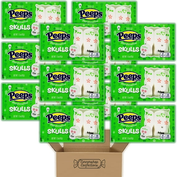 Peeps Marshmallow Halloween Bundle Pack - Skulls - 12 Individually Sealed Trays, Each With 3 Marshmallows - Gluten Free and Fat Free - For Snacks, Lunches, Movies in Cornershop Confections Pack