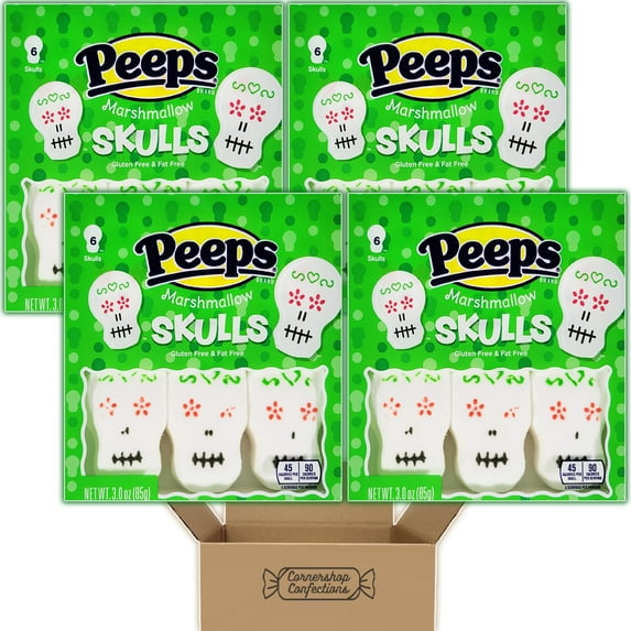 Peeps Marshmallow Halloween Bundle Pack - Skulls - 4 Individually Sealed Trays, Each With 6 Marshmallows - Gluten Free and Fat Free - For Snacks, Lunches, Movies in Cornershop Confections Pack