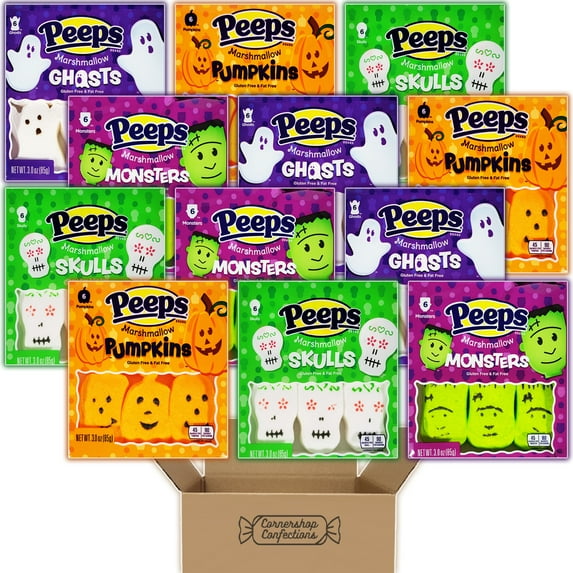 Peeps Marshmallow Halloween Variety Pack - 4 Flavors - Pumpkins, Monsters, Skulls, Ghosts - 3 Trays of Each, Each With 6 Marshmallows - Gluten Free and Fat Free in Cornershop Confections Pack