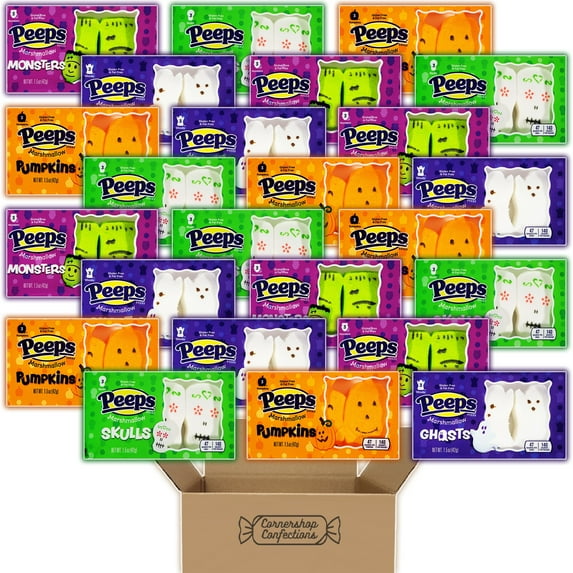 Peeps Marshmallow Halloween Variety Pack - 4 Flavors - Pumpkins, Monsters, Skulls, Ghosts - 6 Trays of Each, Each With 3 Marshmallows - Gluten Free and Fat Free in Cornershop Confections Pack